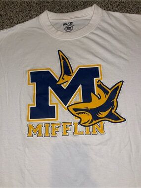 White Short-Sleeve Graphic Tee with Navy & Gold Shark Logo
